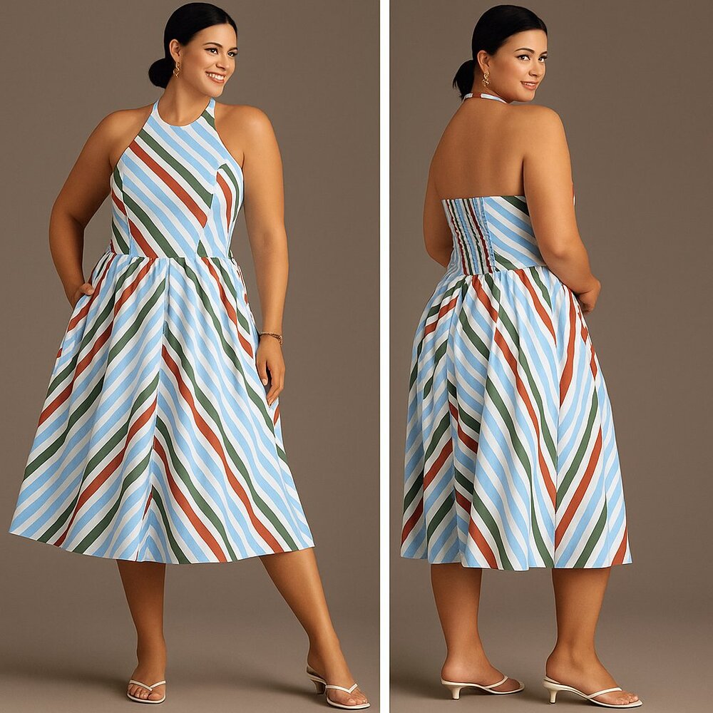Anthropologie Striped Halter Midi Dress in Blue, White, Green, Rust L